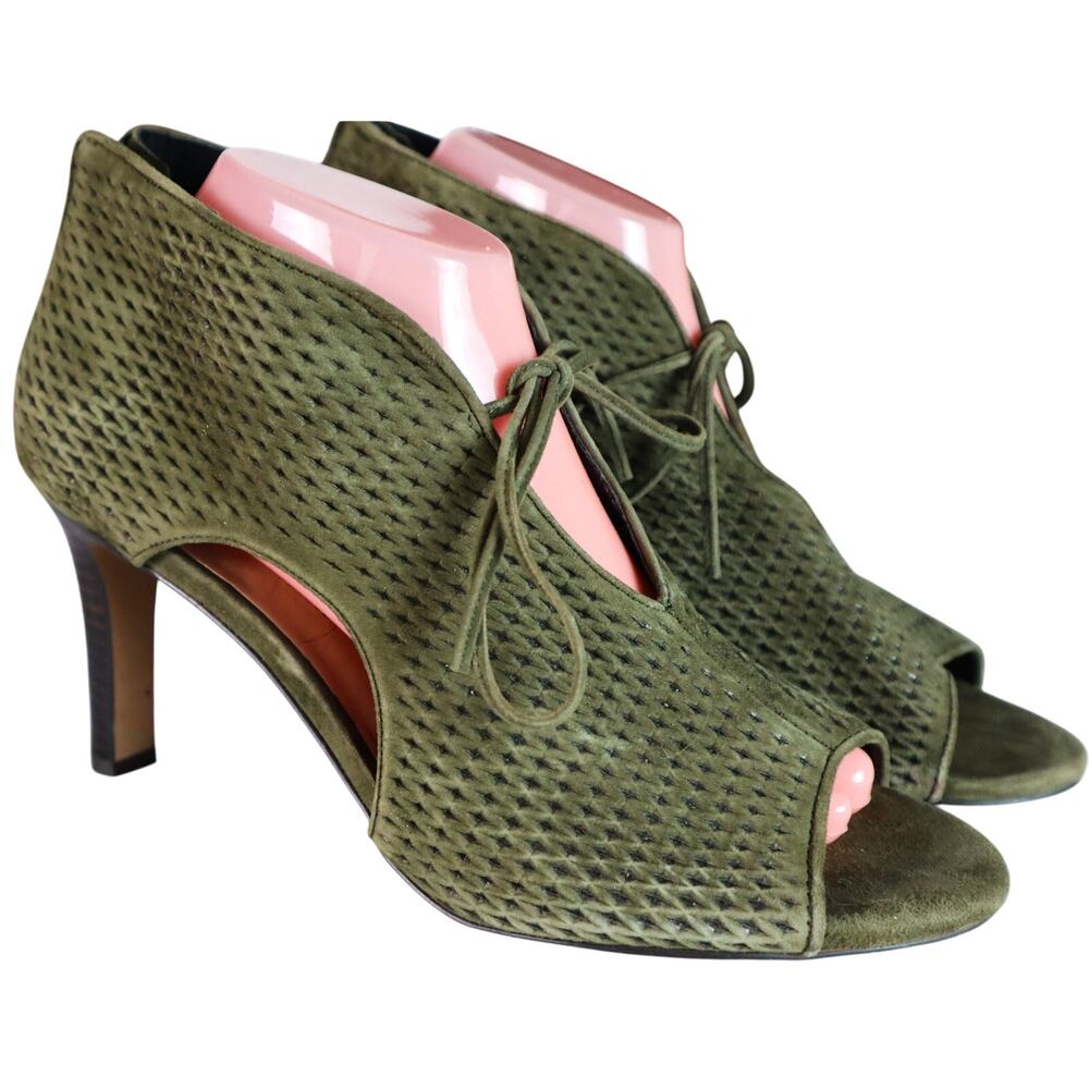 Audrey Brooke Green Perforated Suede Leather Heels Booties Tie Cut Out Candy 10M